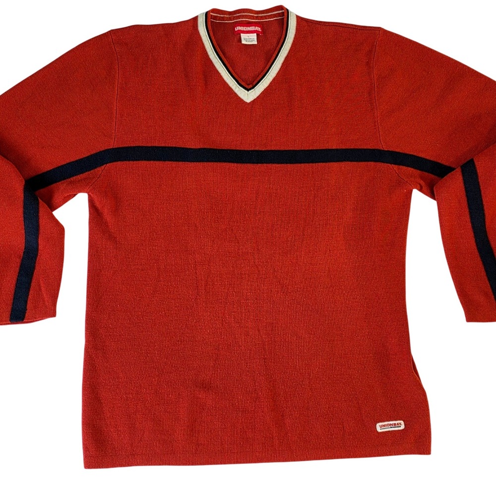 Unionbay Mens Vtg V-Neck Stripe Sweater Burnt Orange Nvy Blue Size Large 90s Y2K